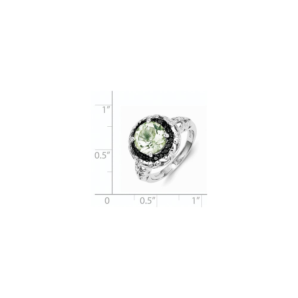 Sterling Silver Green Quartz and Black Diamond Ring