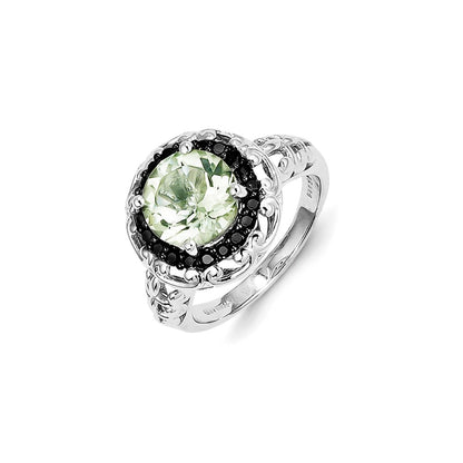 Sterling Silver Green Quartz and Black Diamond Ring