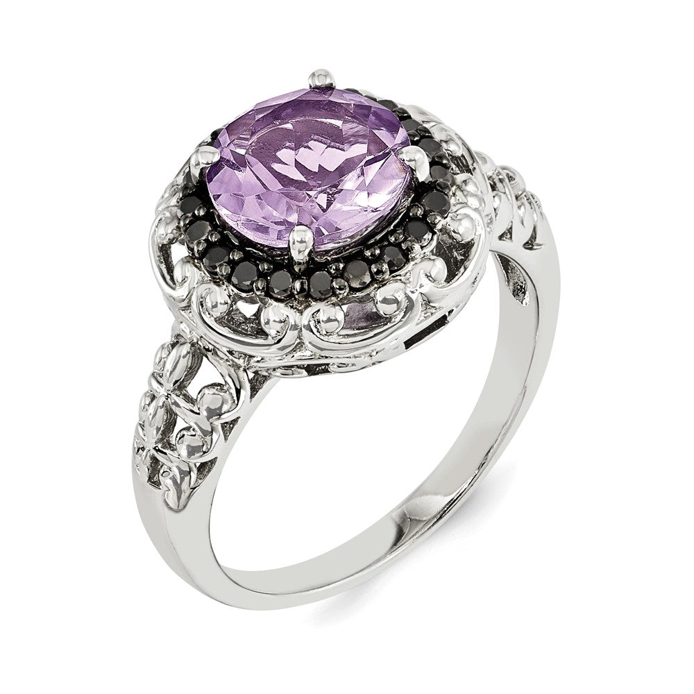 Sterling Silver Pink Quartz and Black Diamond Ring