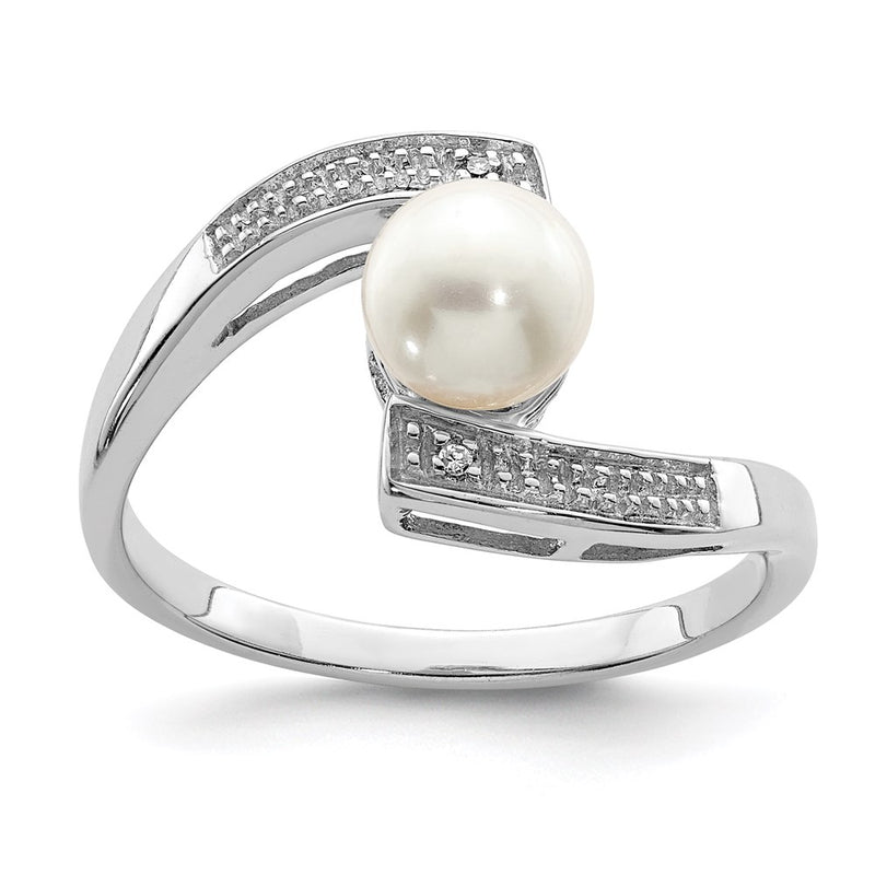 Sterling Silver Rhodium Plated Diamond and FW Cultured Pearl Ring