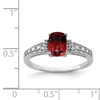 Sterling Silver Rhodium Plated Diamond and Garnet Cushion Ring