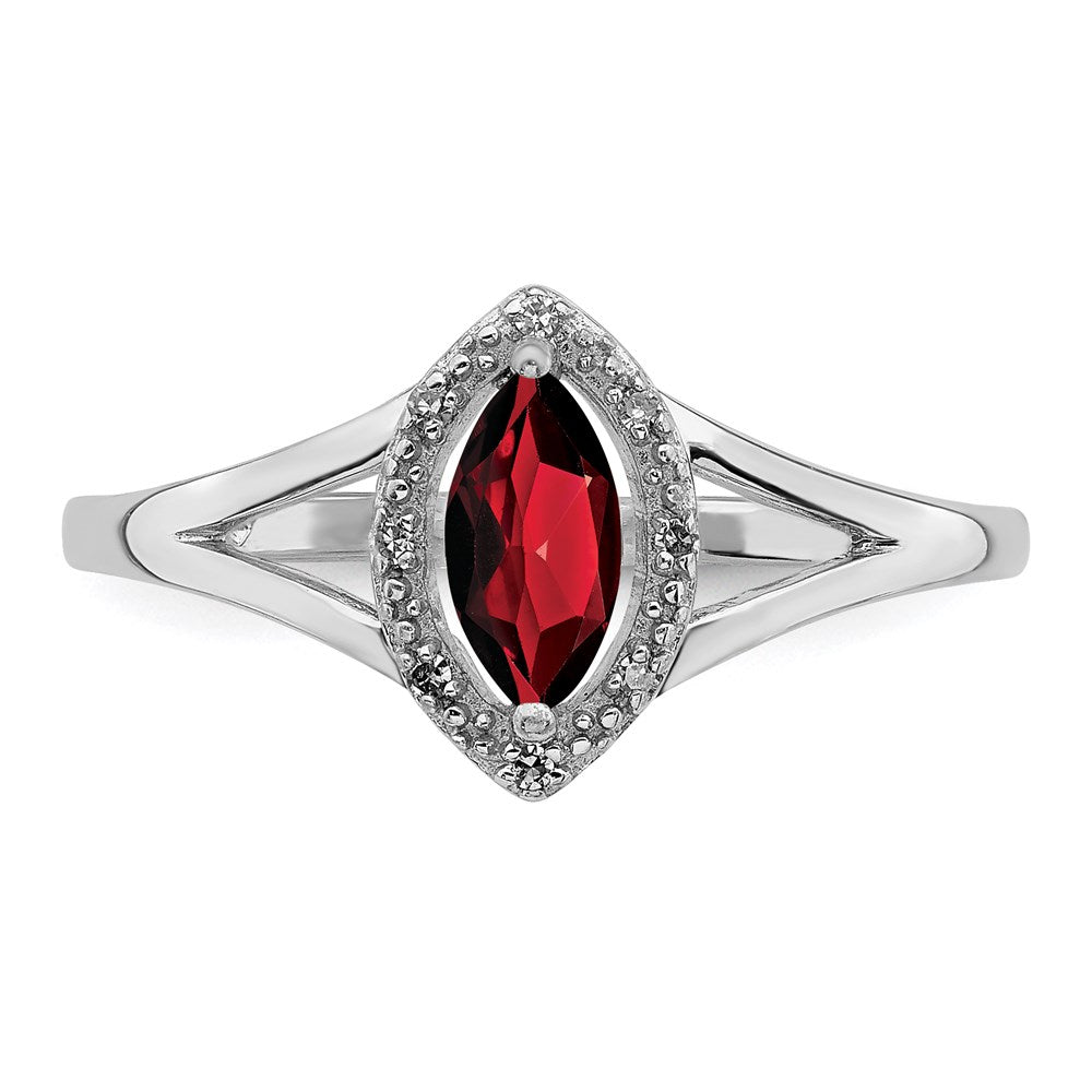 Sterling Silver Rhodium Plated Diamond & Garnet Marquise Ring