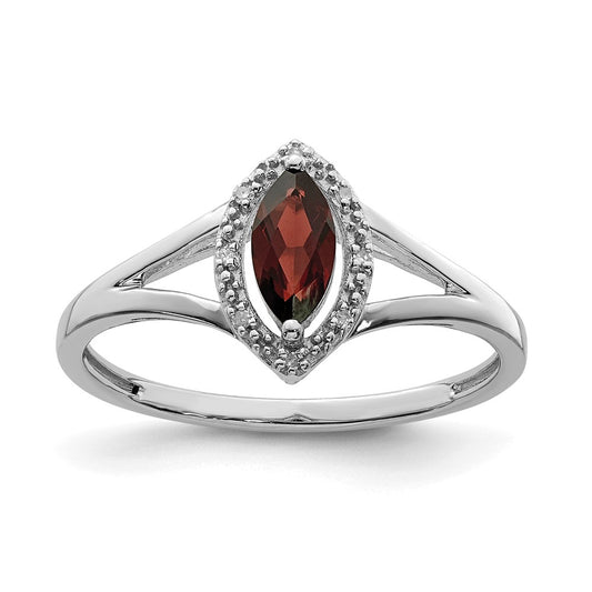 Sterling Silver Rhodium Plated Diamond & Garnet Marquise Ring