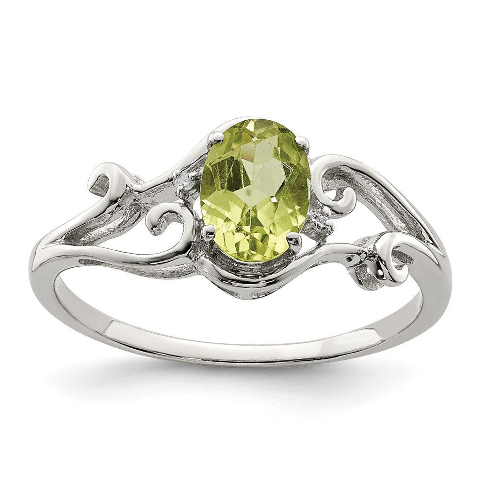 Sterling Silver Rhodium Plated Diamond and Peridot Oval Ring