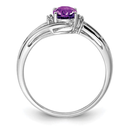 Sterling Silver Rhodium Plated Diamond and Amethyst Oval Ring