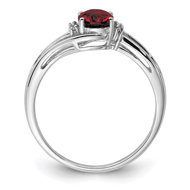 Sterling Silver Rhodium Plated Diamond and Garnet Oval Ring