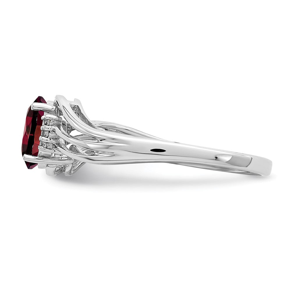 Sterling Silver Rhodium Plated Diamond and Garnet Oval Ring