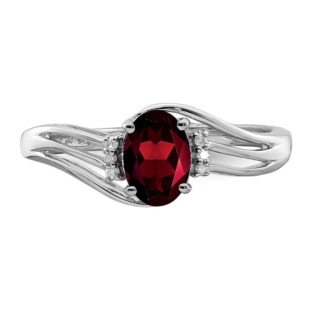 Sterling Silver Rhodium Plated Diamond and Garnet Oval Ring