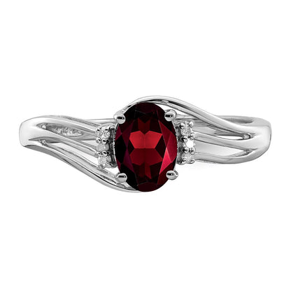 Sterling Silver Rhodium Plated Diamond and Garnet Oval Ring