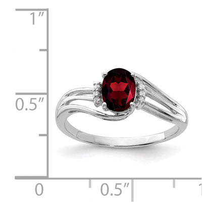 Sterling Silver Rhodium Plated Diamond and Garnet Oval Ring