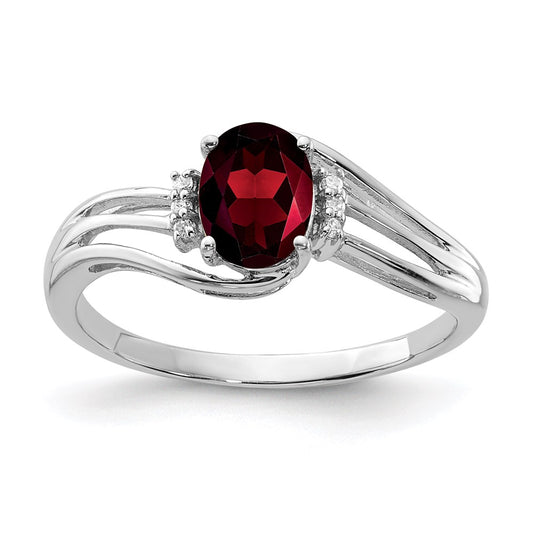 Sterling Silver Rhodium Plated Diamond and Garnet Oval Ring
