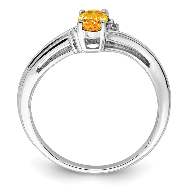 Sterling Silver Rhodium Plated Diamond & Citrine Oval Ring