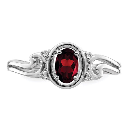 Sterling Silver Rhodium Plated Diamond & Garnet Oval Ring