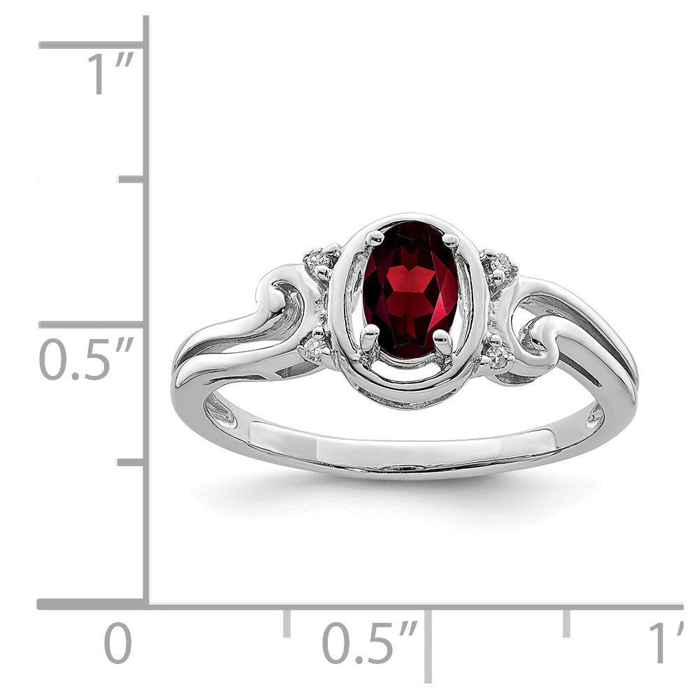 Sterling Silver Rhodium Plated Diamond & Garnet Oval Ring