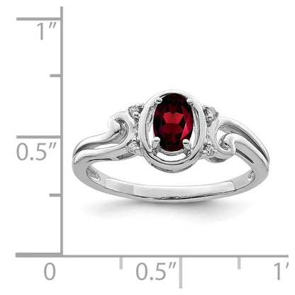 Sterling Silver Rhodium Plated Diamond & Garnet Oval Ring