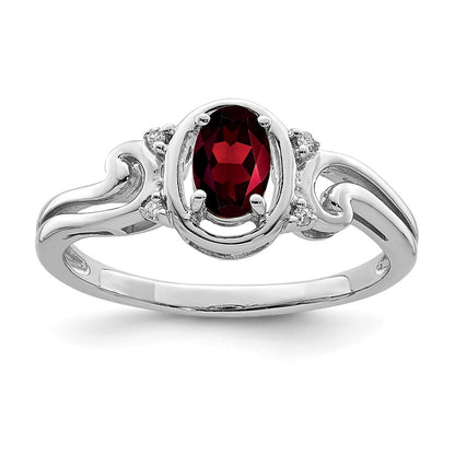 Sterling Silver Rhodium Plated Diamond & Garnet Oval Ring