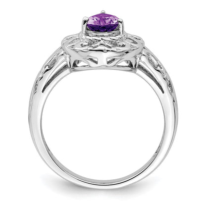 Sterling Silver Rhodium Plated Amethyst Teardrop Ring