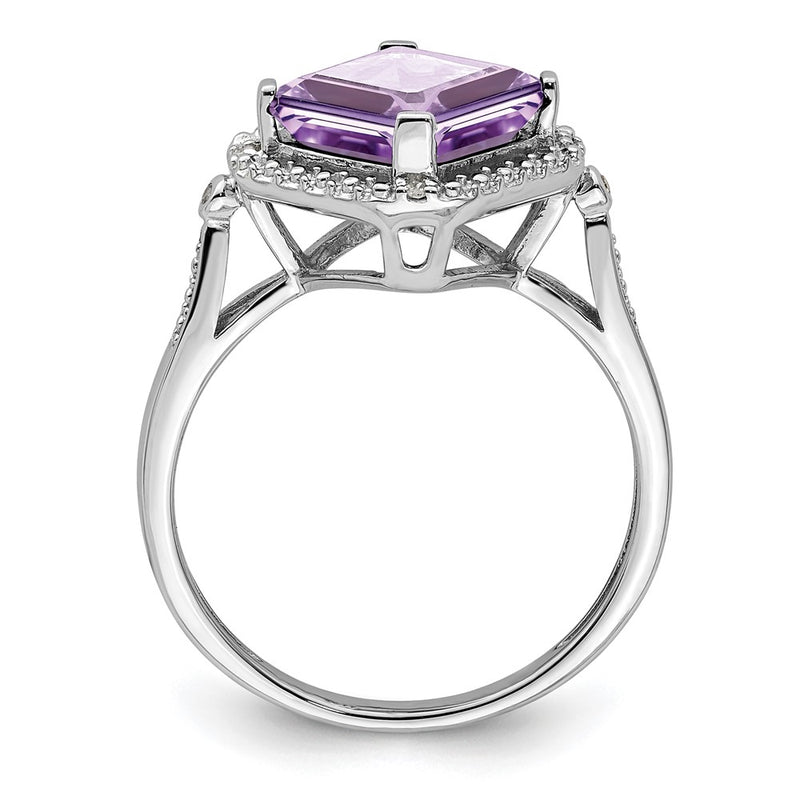 Sterling Silver Rhodium Diamond & Pink Quartz Square Ring