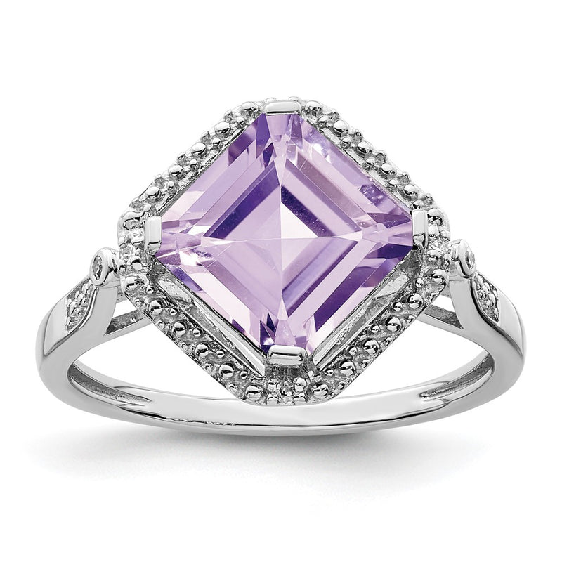Sterling Silver Rhodium Diamond & Pink Quartz Square Ring