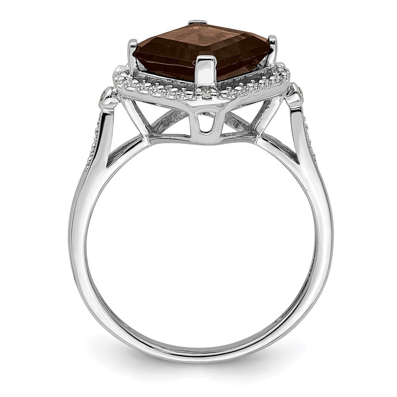 Sterling Silver Rhodium Diamond & Smoky Quartz Square Ring