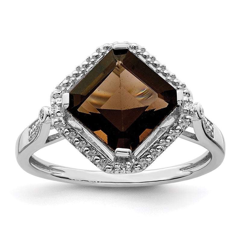 Sterling Silver Rhodium Diamond & Smoky Quartz Square Ring