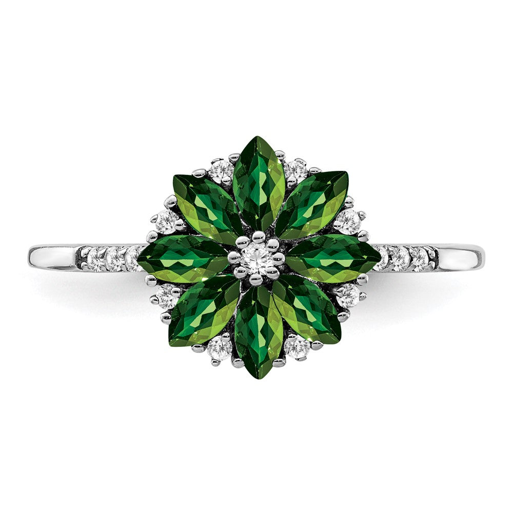 Sterling Silver Rhodium Diamond & Tsavorite Garnet Ring