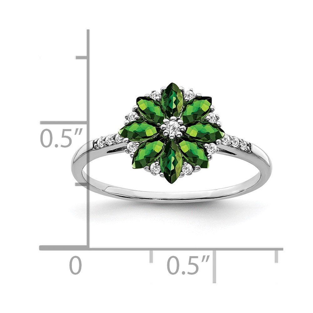 Sterling Silver Rhodium Diamond & Tsavorite Garnet Ring