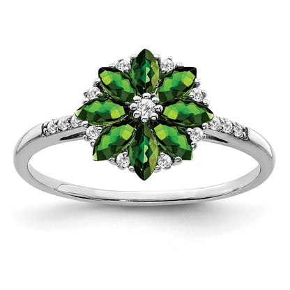 Sterling Silver Rhodium Diamond & Tsavorite Garnet Ring