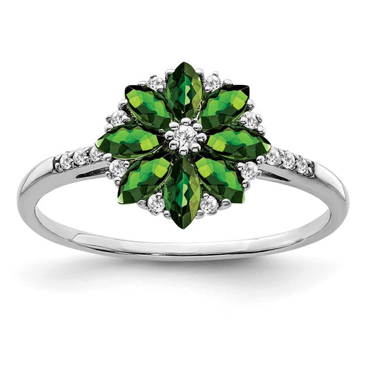 Sterling Silver Rhodium Diamond & Tsavorite Garnet Ring