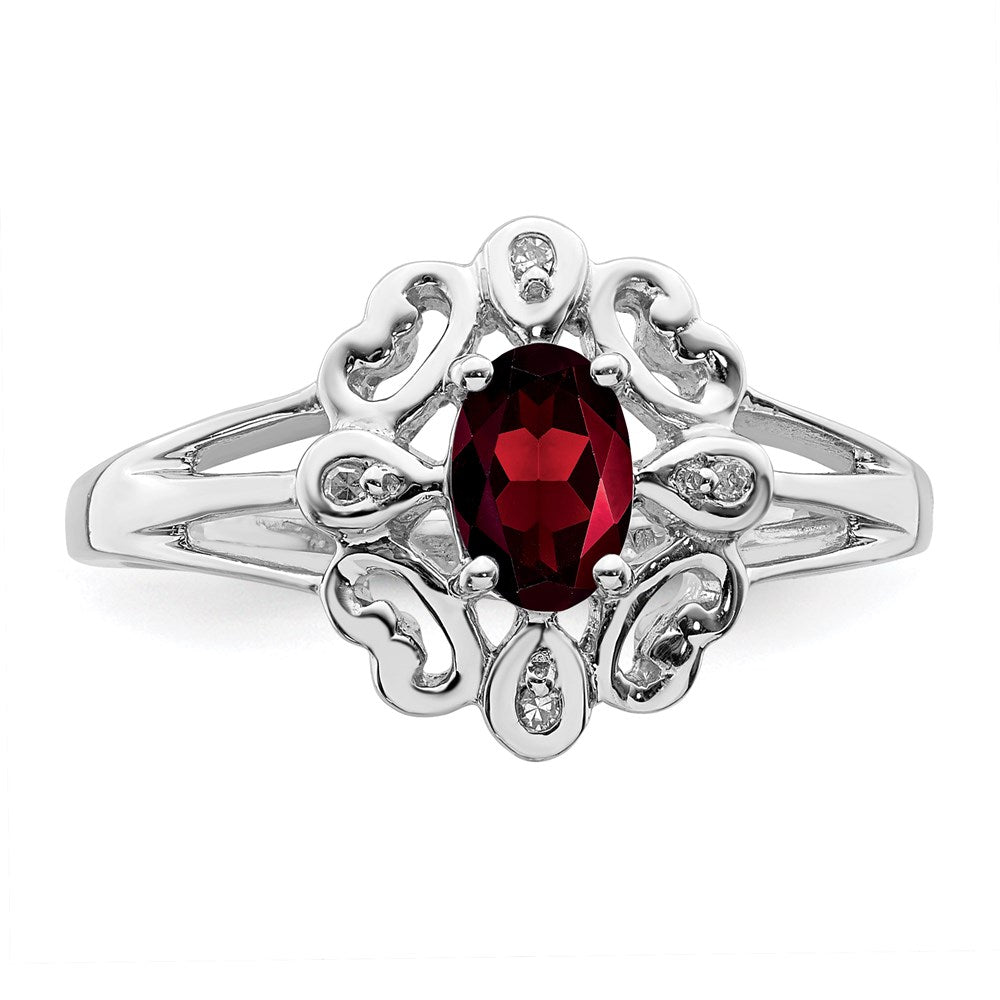 Sterling Silver Rhodium Plated Diamond & Garnet Oval Ring