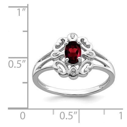Sterling Silver Rhodium Plated Diamond & Garnet Oval Ring