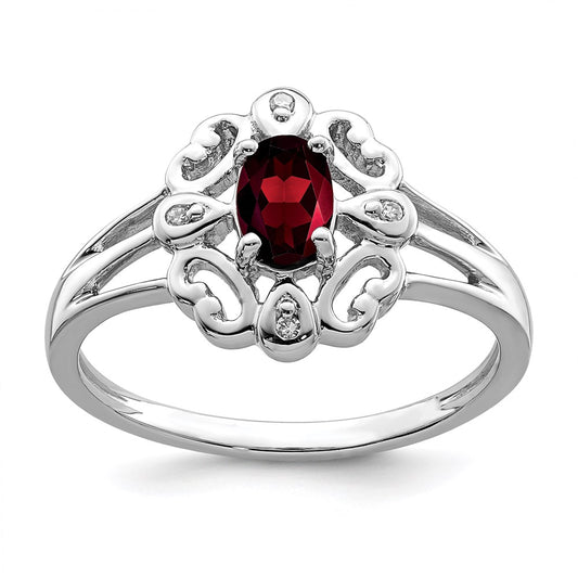 Sterling Silver Rhodium Plated Diamond & Garnet Oval Ring