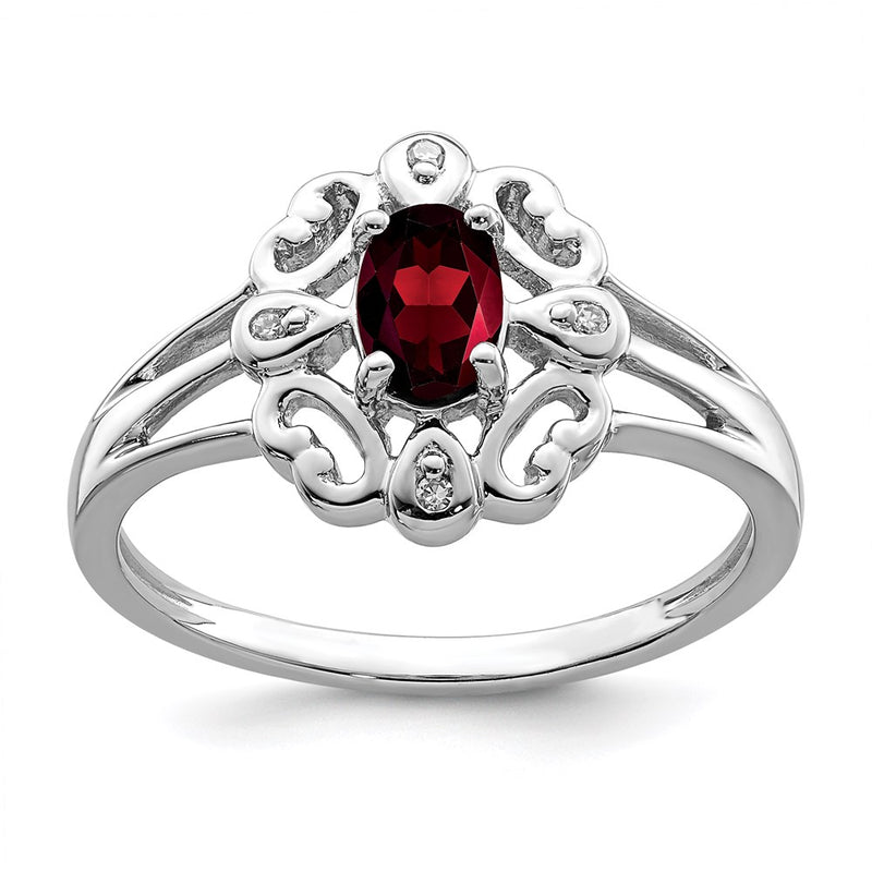 Sterling Silver Rhodium Plated Diamond & Garnet Oval Ring