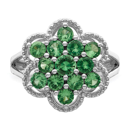 Sterling Silver Rhodium Plated Tsavorite Garnet Flower Ring