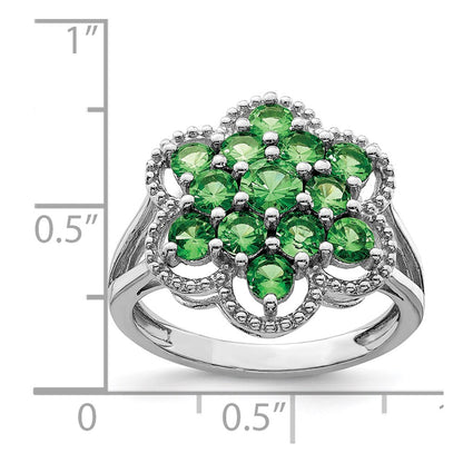 Sterling Silver Rhodium Plated Tsavorite Garnet Flower Ring