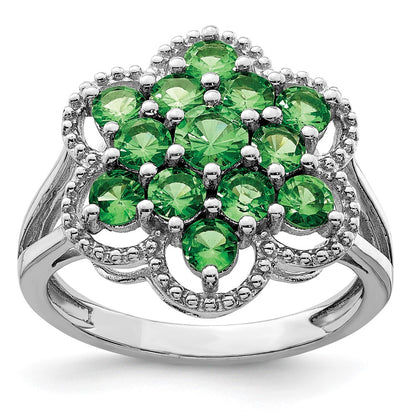 Sterling Silver Rhodium Plated Tsavorite Garnet Flower Ring