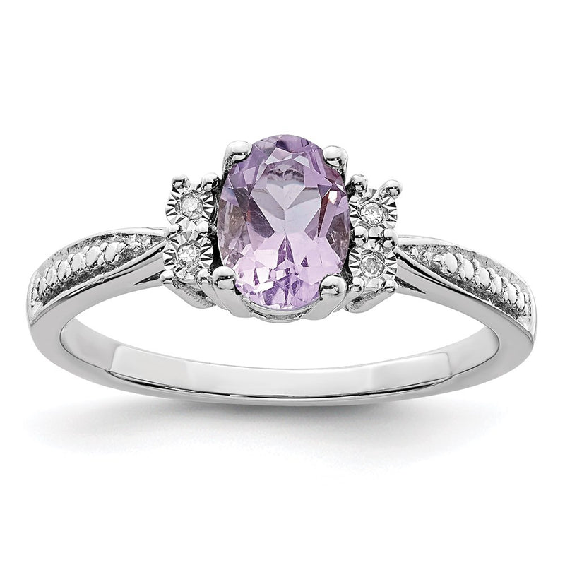 Sterling Silver Rhodium Diamond & Pink Quartz Ring