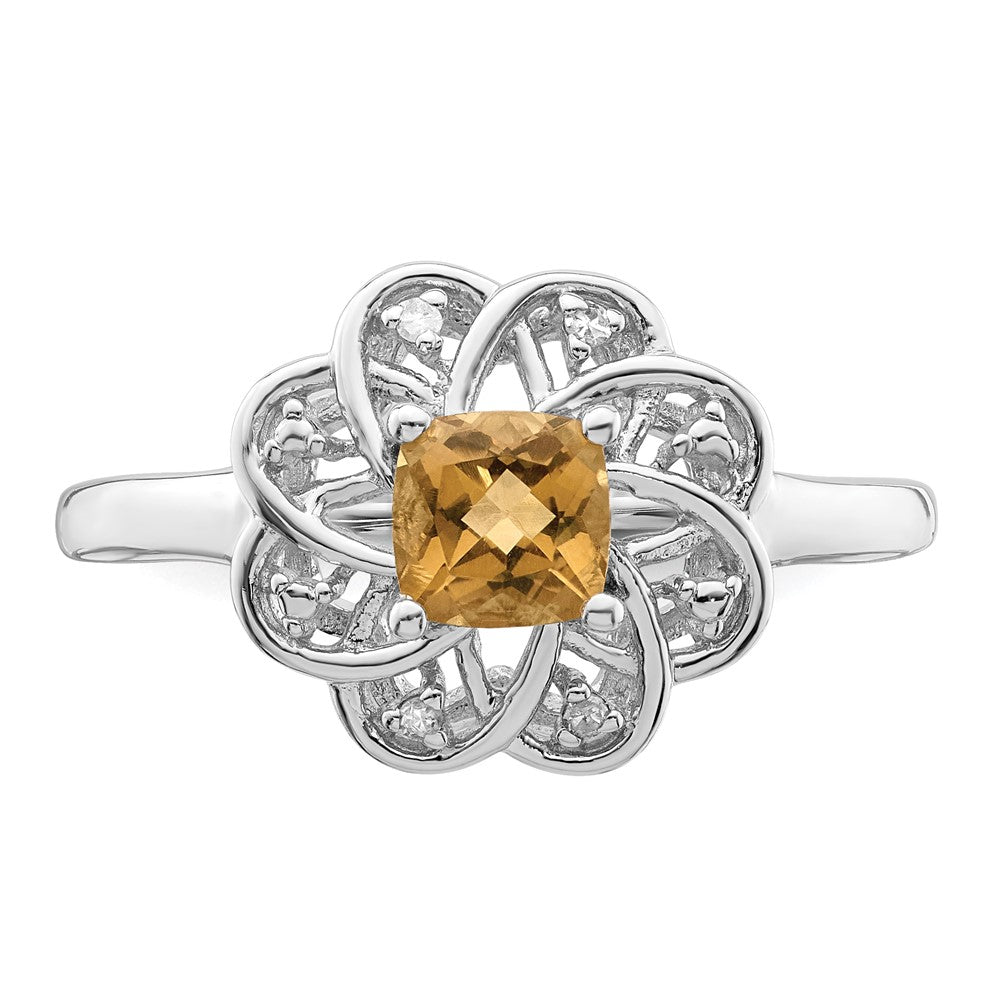 Sterling Silver Rhodium Diamond & Whiskey Quartz Ring