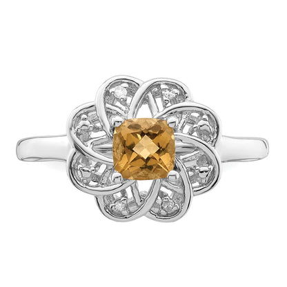 Sterling Silver Rhodium Diamond & Whiskey Quartz Ring