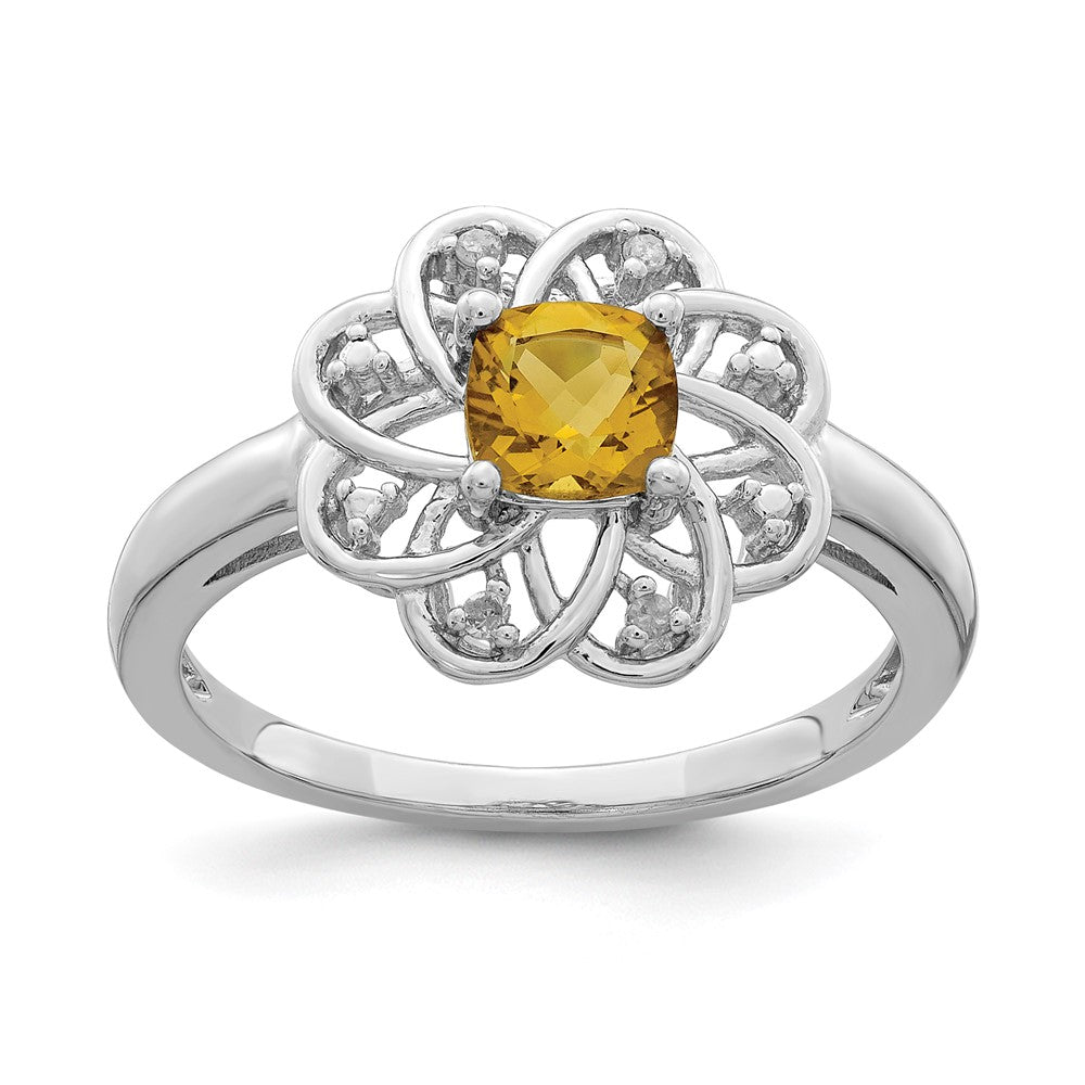 Sterling Silver Rhodium Diamond & Whiskey Quartz Ring