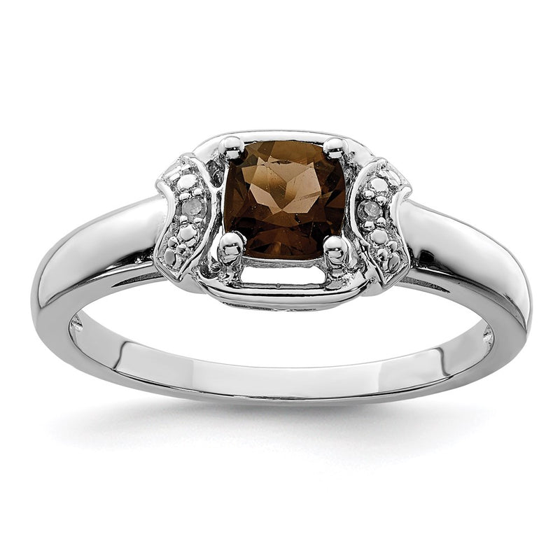 Sterling Silver Rhodium Diamond & Smoky Quartz Ring