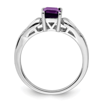 Sterling Silver Rhodium-plated Diamond & Amethyst Ring