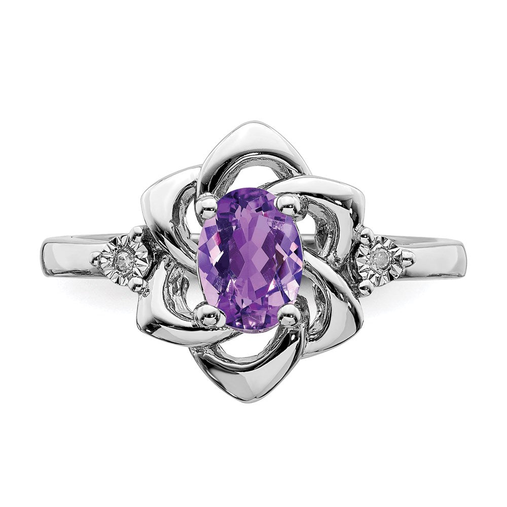 Sterling Silver Rhodium-plated Diamond & Amethyst Ring