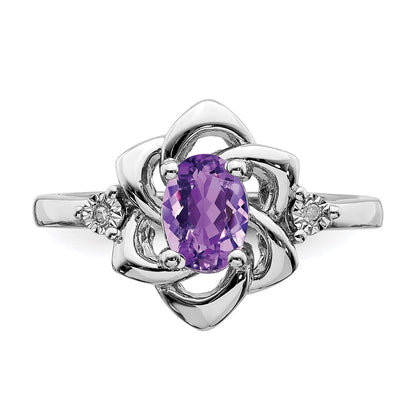Sterling Silver Rhodium-plated Diamond & Amethyst Ring