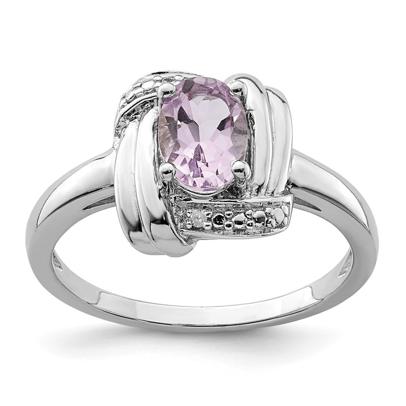 Sterling Silver Rhodium Diamond & Pink Quartz Ring