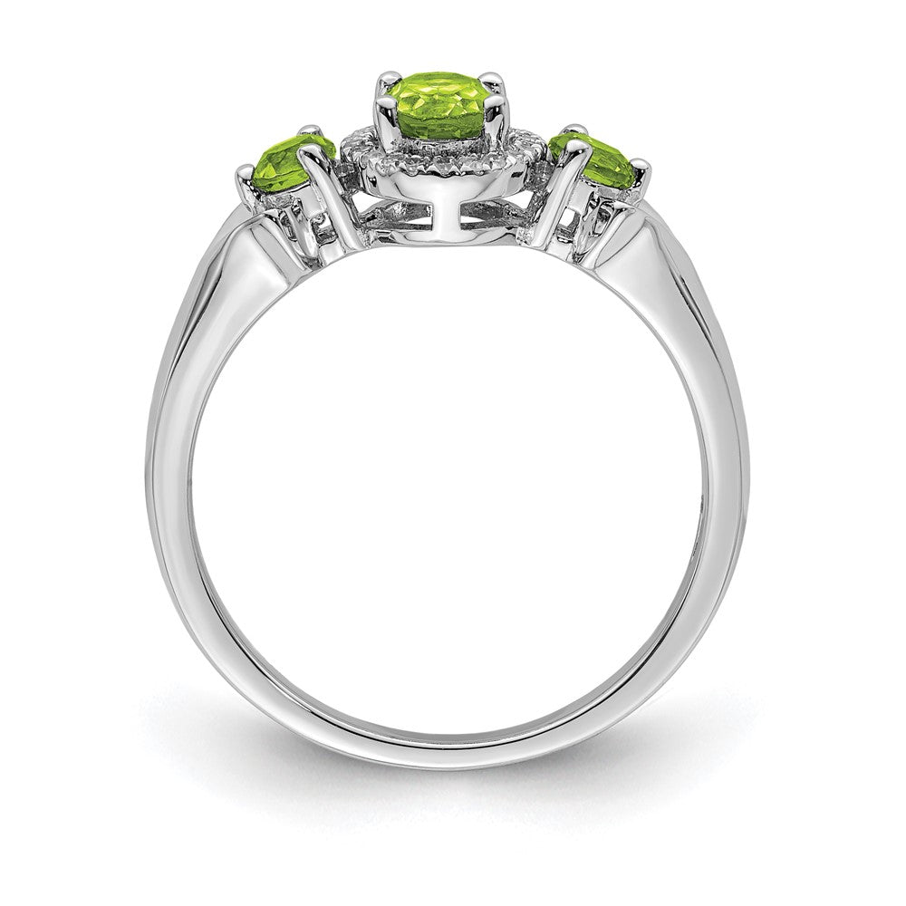 Sterling Silver Rhodium 3 Stone Peridot and Diamond Ring