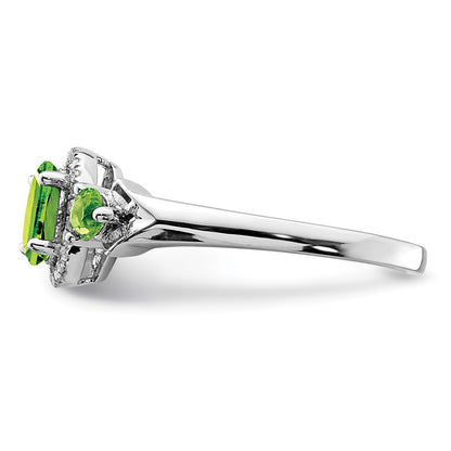 Sterling Silver Rhodium 3 Stone Peridot and Diamond Ring