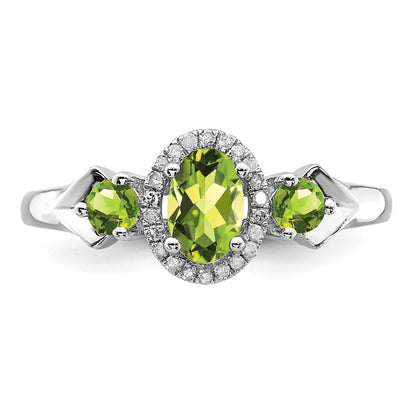 Sterling Silver Rhodium 3 Stone Peridot and Diamond Ring