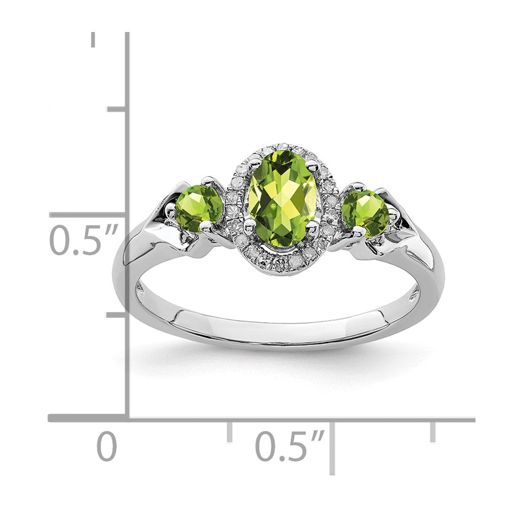 Sterling Silver Rhodium 3 Stone Peridot and Diamond Ring