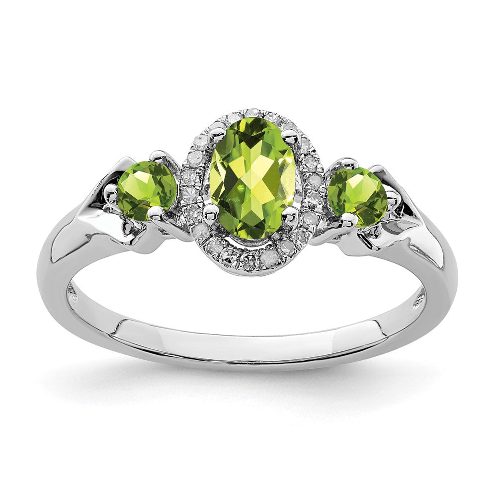 Sterling Silver Rhodium 3 Stone Peridot and Diamond Ring